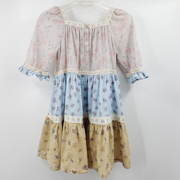 Zara Girl's Tea Dress Size 11 - 12 Years Pink Blue Tan Floral Tiered Lace Trim - Picture 5 of 8